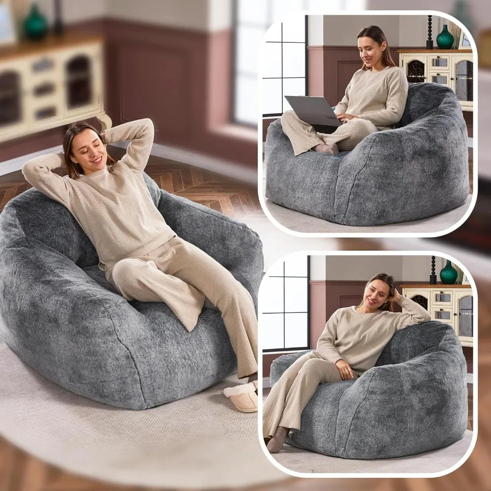 Beanbag Sofa Chair with Big Armrests & Ergonomic Thick Backrest, Soft Faux Fur Cover, High-Density Foam & Non-Slip Bottom Fabric