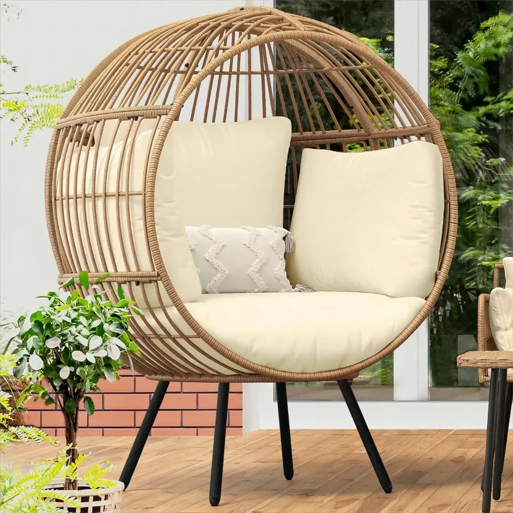 Indoor/Outdoor Wicker Egg Chair with Surround Support Cushions, Modern Round Basket Chair