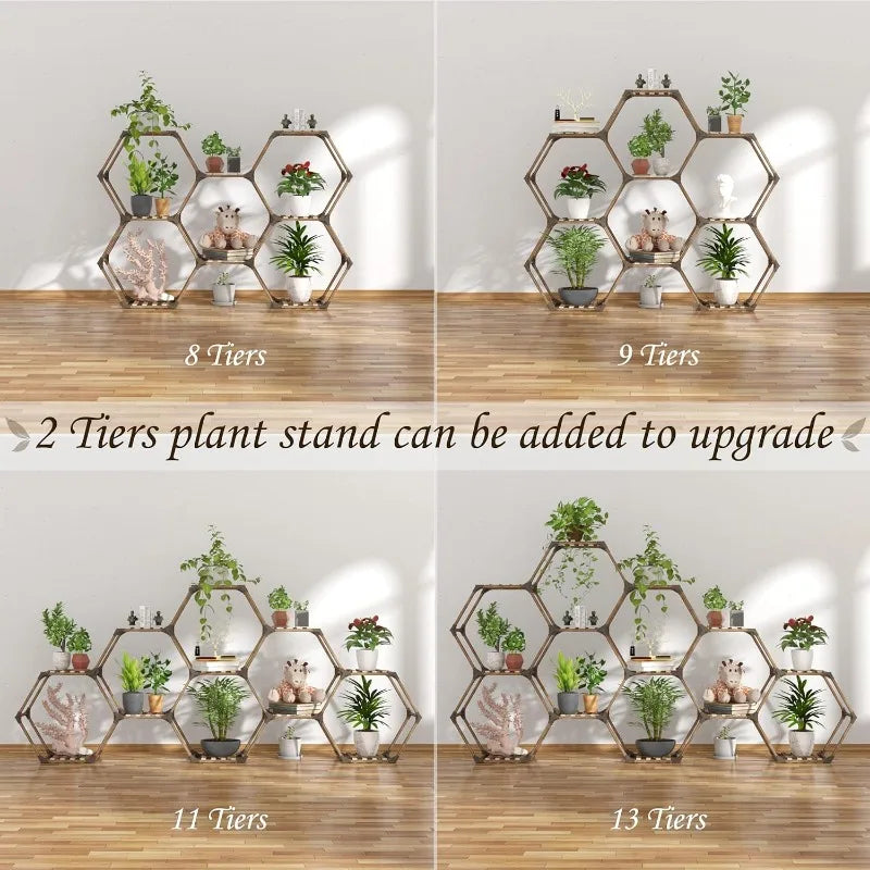 Indoor or Outdoor Hexagonal Plant Stand, 100% Natural Wood, 9,11 & 13 Tiers