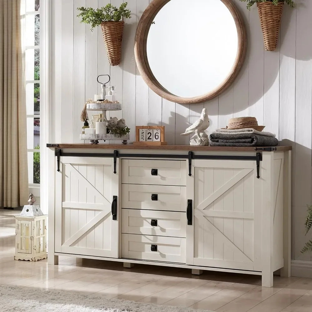 Farmhouse Sideboard Buffet Cabinet with 2 Classic Sliding Barn Doors, 2 Adjustable Shelves & 4 Functional Drawers, 1" Thick Tabletop