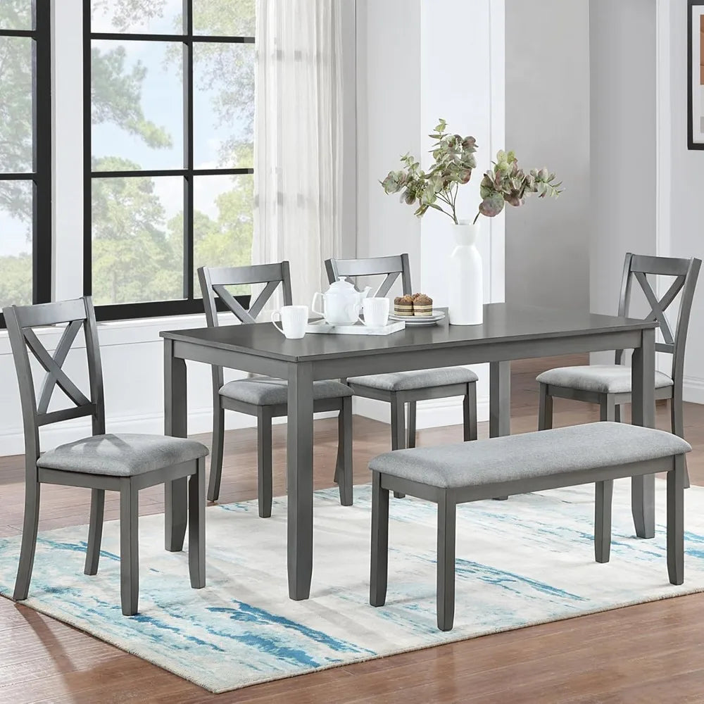 Dining Furniture 6-Piece Set with 4 Upholstered Chairs, 1 Kitchen Table & 1 Upholstered Bench, Multi-Functional Dining Set