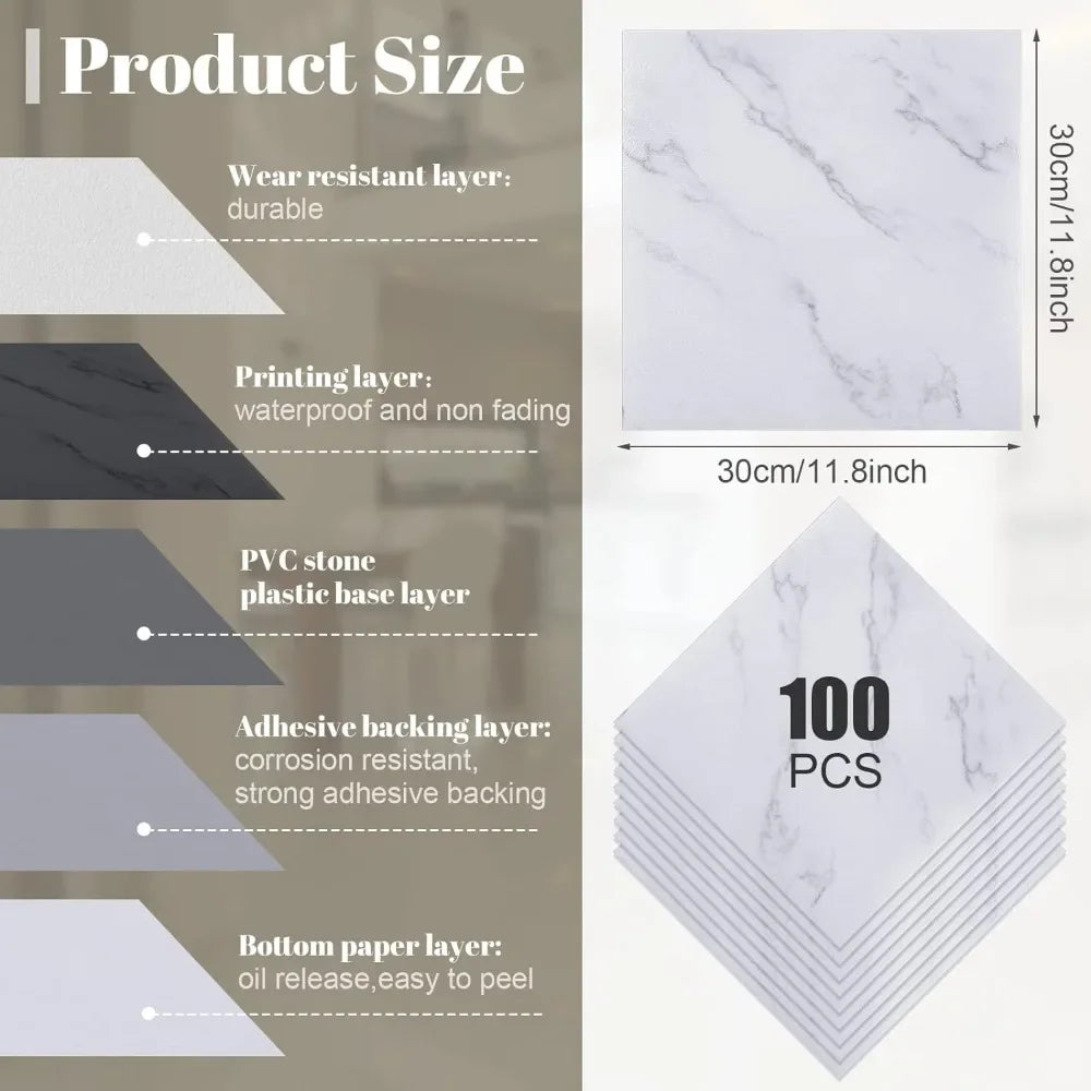 Self Adhesive Peel & Stick Floor Tile, Marble Design, 12" x 12" Size, Waterproof Vinyl Flooring, 100pcs