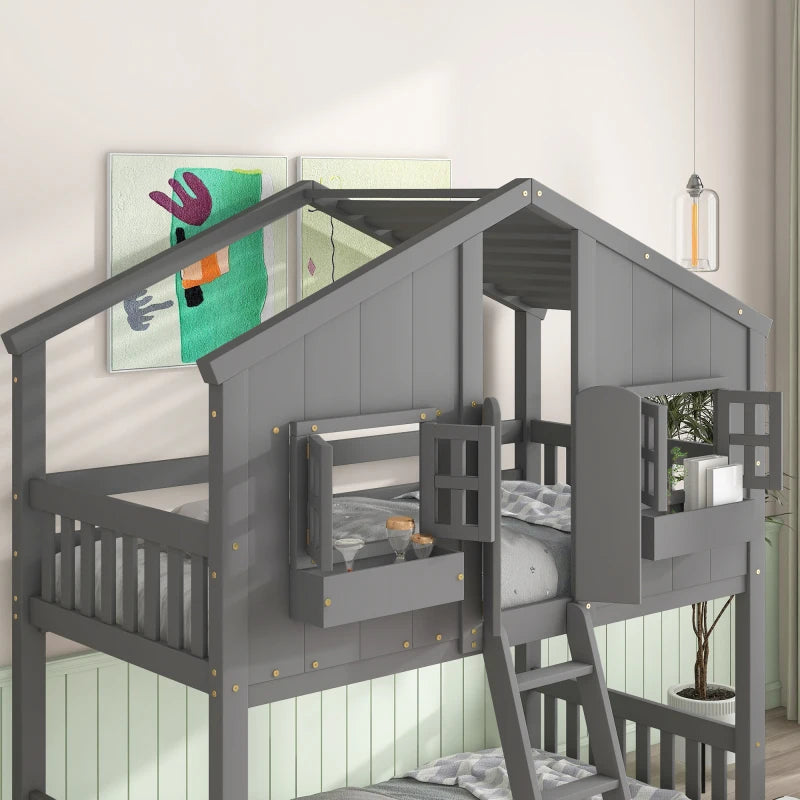 House Bunk Bed Twin over Twin with Roof, Windows, Window Boxes, Door, Ladder & Safety Guardrails