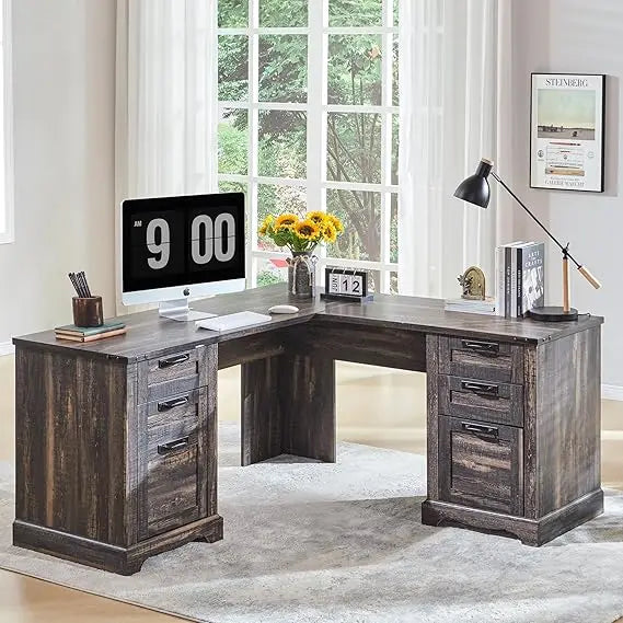 Wood Home Office Corner Desk 60" with 3 Standard Drawers, Letter Size File Drawer, Storage Cabinet, 2 USB Ports & 2 Outlets