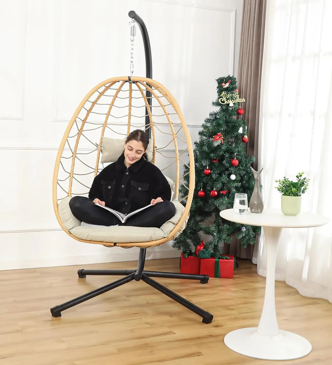 Hanging Egg Chair with Stand, Low Maintenance PE Rattan, Washable & UV Resistant Cushions, Suitable for Indoors or Outdoors