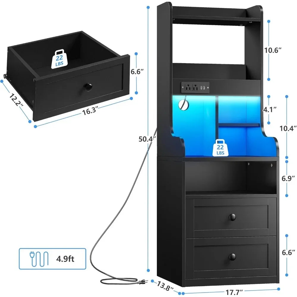 Tall 50.4" Nightstands with Charging Station, 20 Colors RGB LED Lights, 2 Drawers, Shelves, 2 USB Ports & 2 Outlets