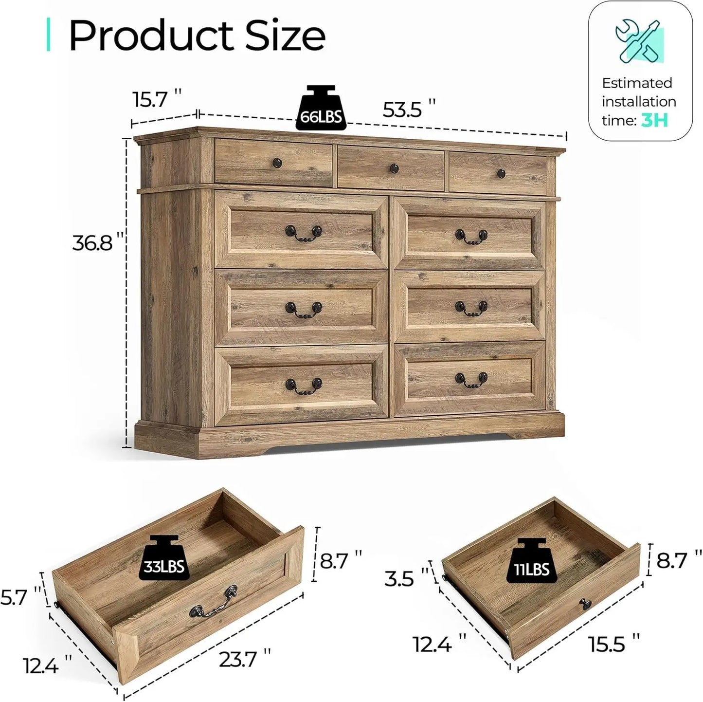 Farmhouse 9 Drawer Dresser for Bedroom with Natural Wood Grain, Antique Metal Finish Pull Handles & Waterproof Top