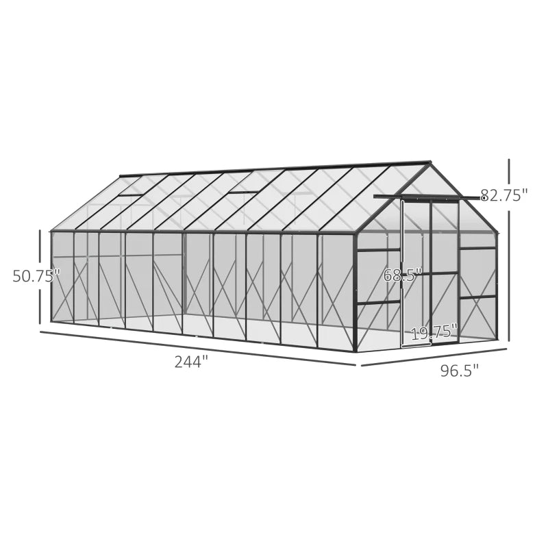 Walk-In 20'x 8' Greenhouse with Aluminum Frame, Polycarbonate Panels & Adjustable Windows for Ventilation, Easy Access Sliding Door