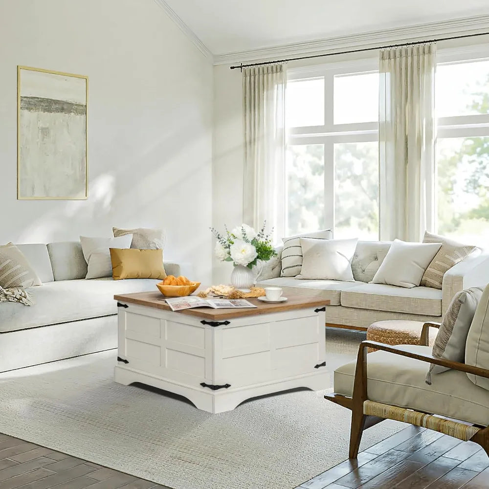 Farmhouse Square Coffee Table with 2 Lift Tops for Storage, Seashell White