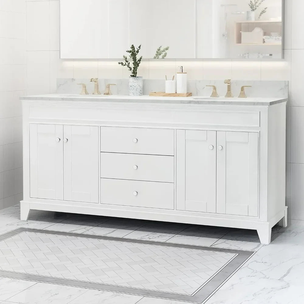 Double Ceramic Sink Bathroom Vanity with Marble Top, 3 Drawers & 2 Double Door Cabinets, 61" or 73" Length Options