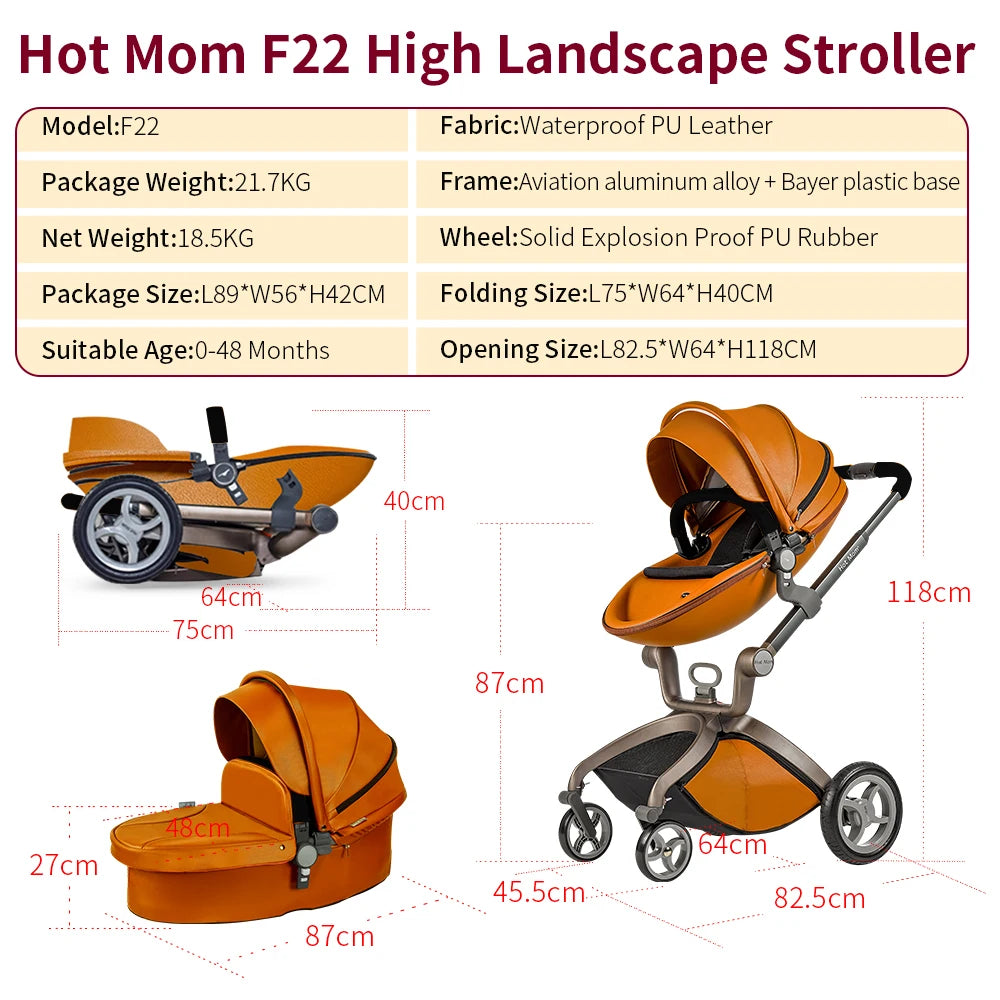 Luxury Baby Stroller with Adjustable Seat, Aluminum Frame, Solid Rubber Tires, Rain Cover, Mosquito Net & Large Storage Basket