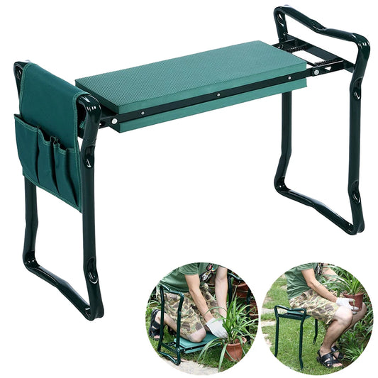 Portable Garden Kneeler / Padded Seat Stool with Tool Pouch, Folds Flat for Carrying & Storage