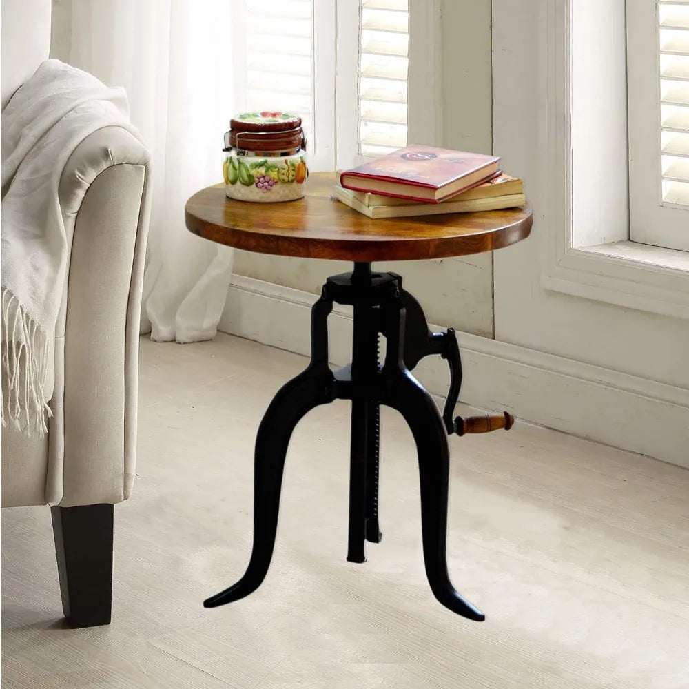 Adjustable Crank Accent End Table with Black Iron Frame, 18" Diameter Mango Wood Tabletop & 19"-28" Adjustable Height