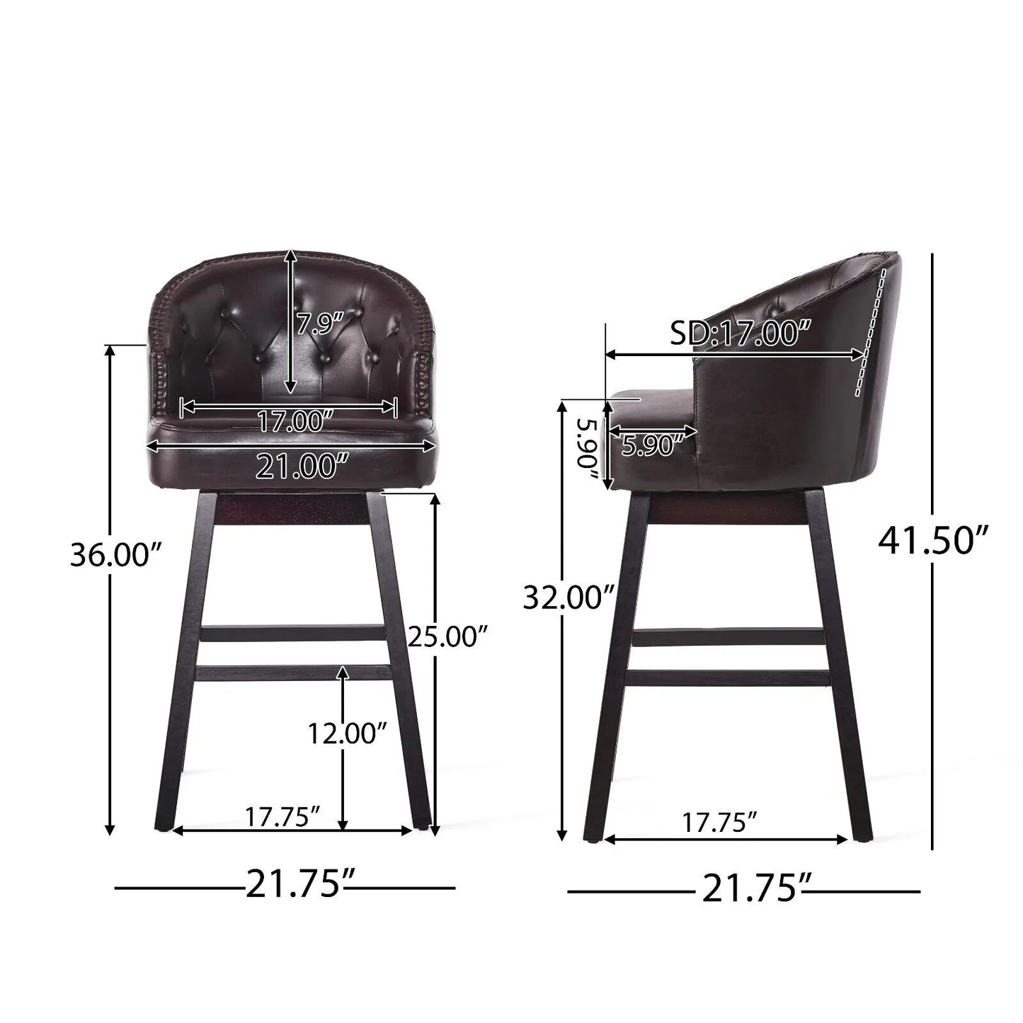 Brown Back Support Bar Stool, 360° Swivel, Seat Height of 31.25", 2pcs