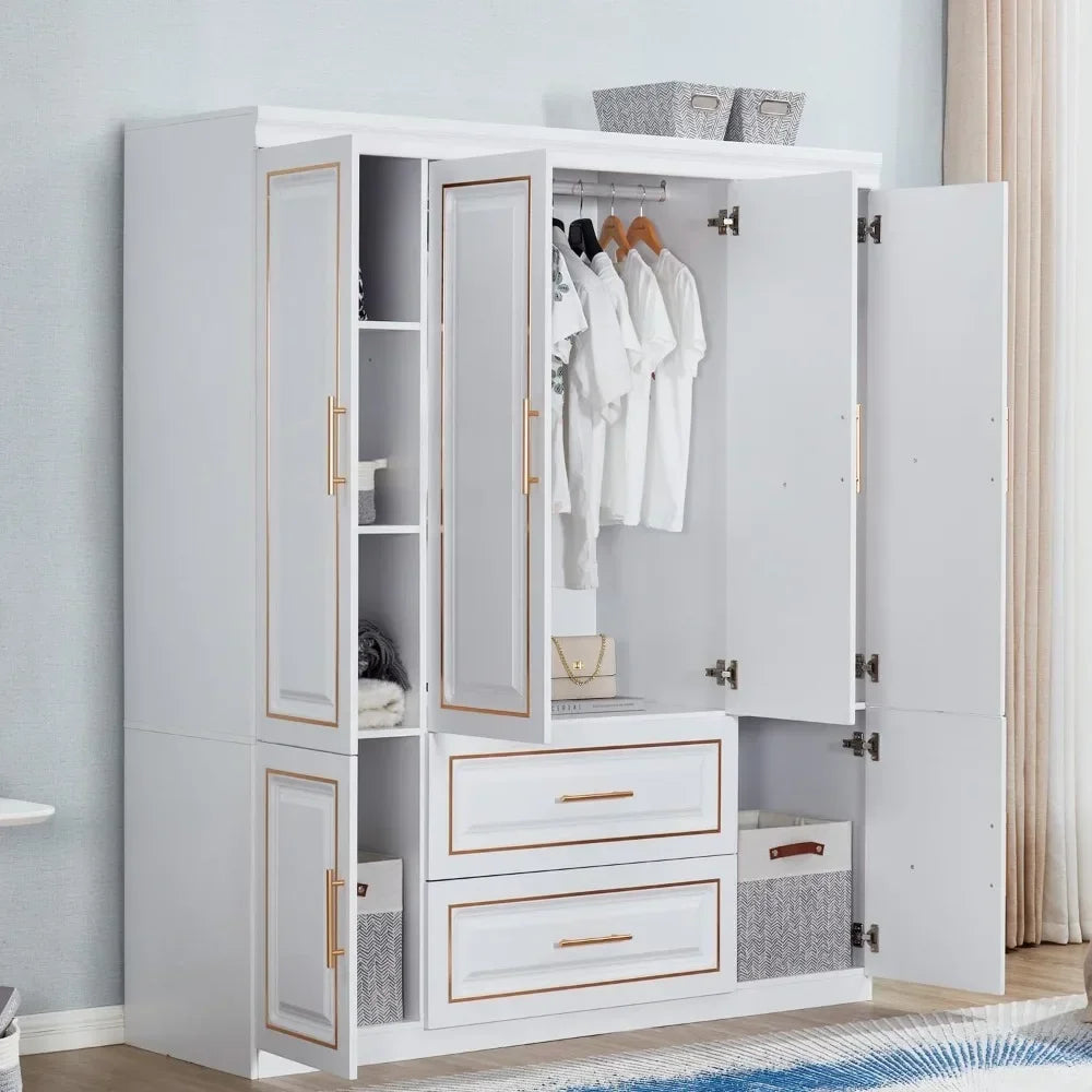 Wardrobe Storage Closet 74" Tall with 4 Doors, 2 Drawers & 2 Hanging Rods, Designed to Maximize Storage Space