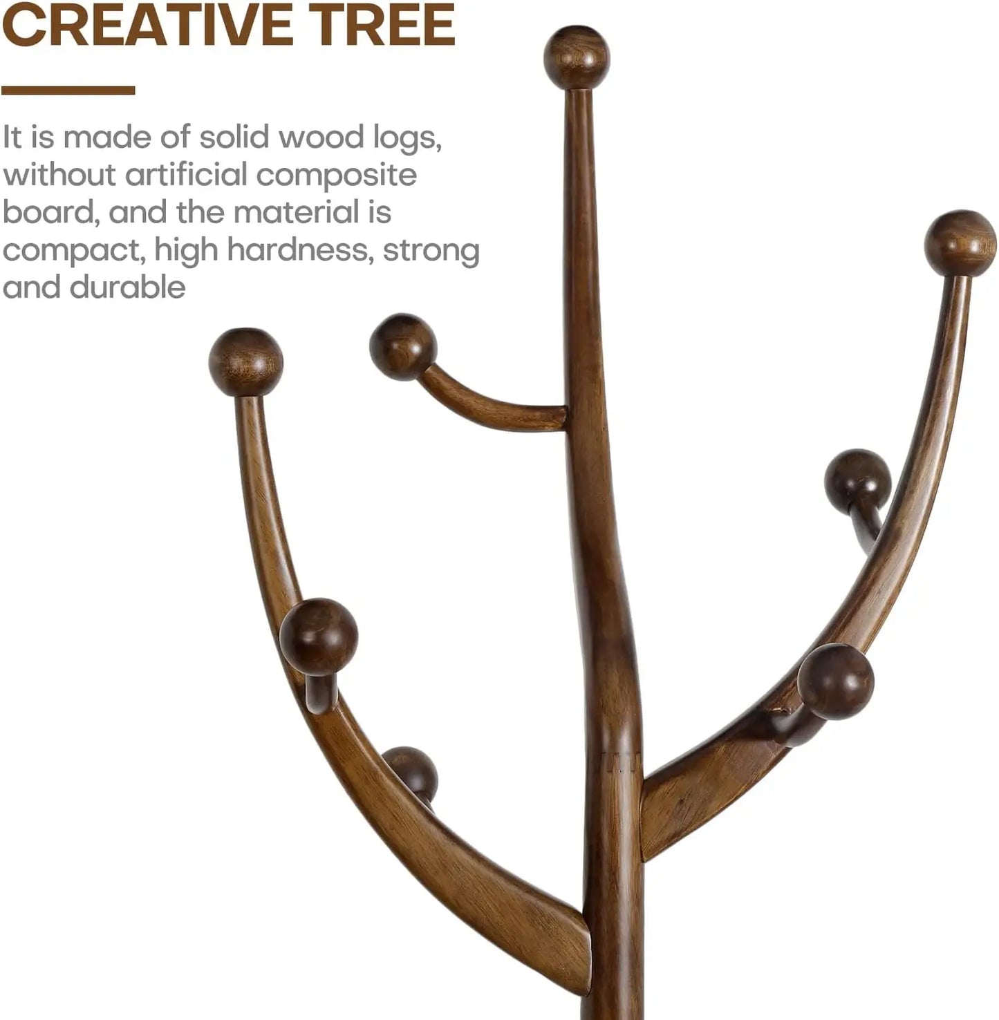 Freestanding  Wood Coat Rack with 8 Hooks & 4-Legged Ball-Shaped Base, Creative Tree Branch-Style Design, Walnut Brown Finish