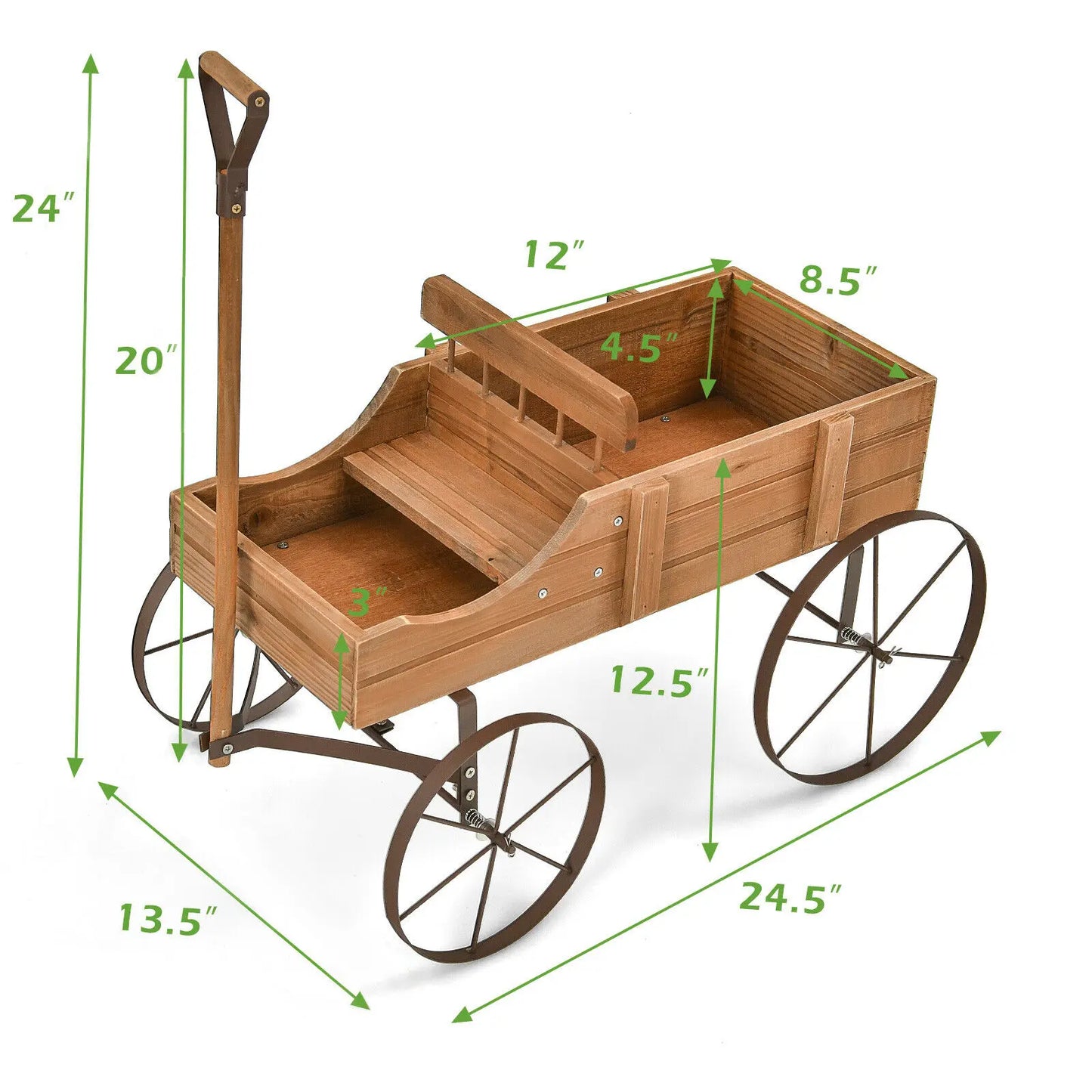 Wood Wagon Garden Planter with Wheels & Pull Handle, 2 Planting Sections