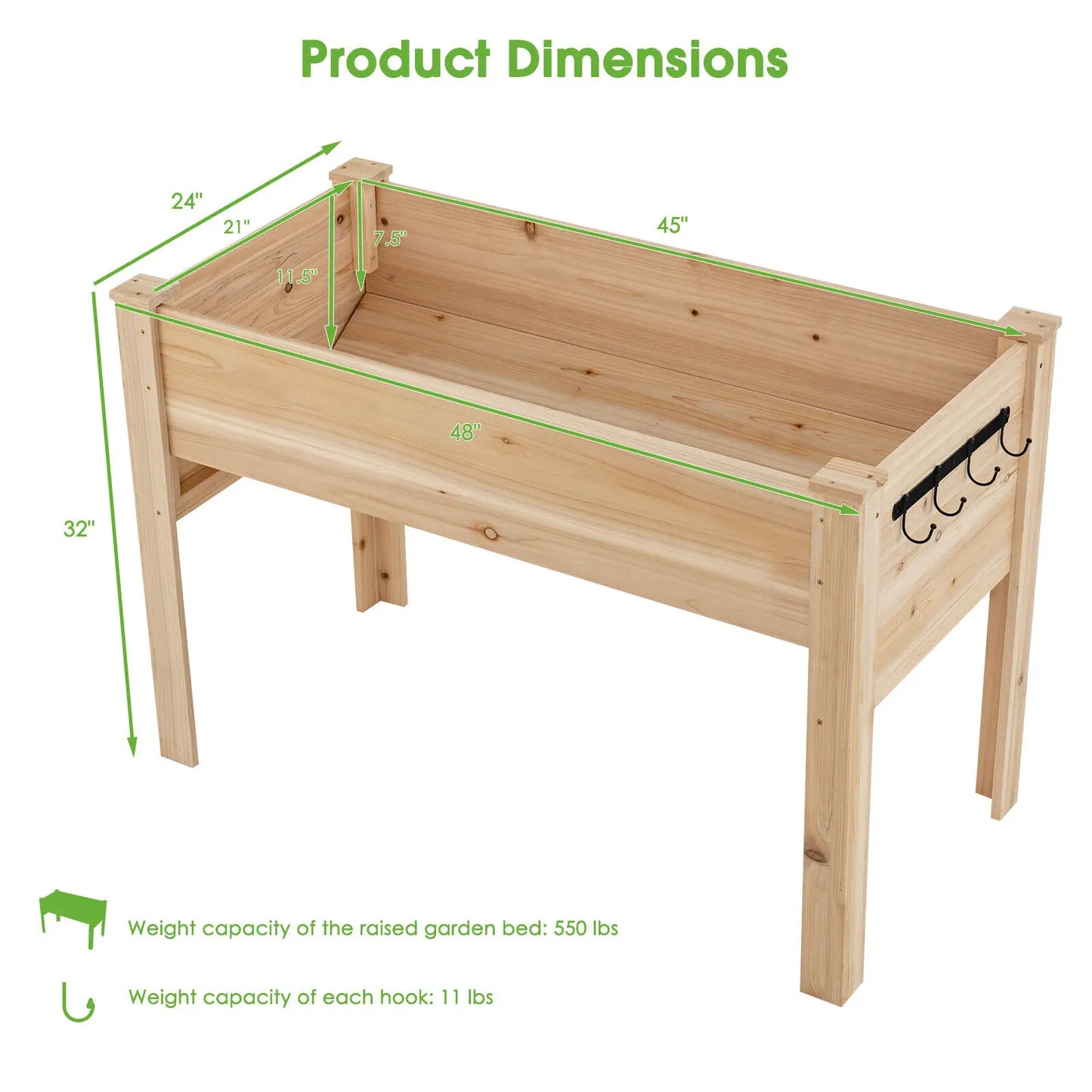 Elevated Garden Bed Wood Stand with Sloped Bottom Design, 4 Tool Hooks