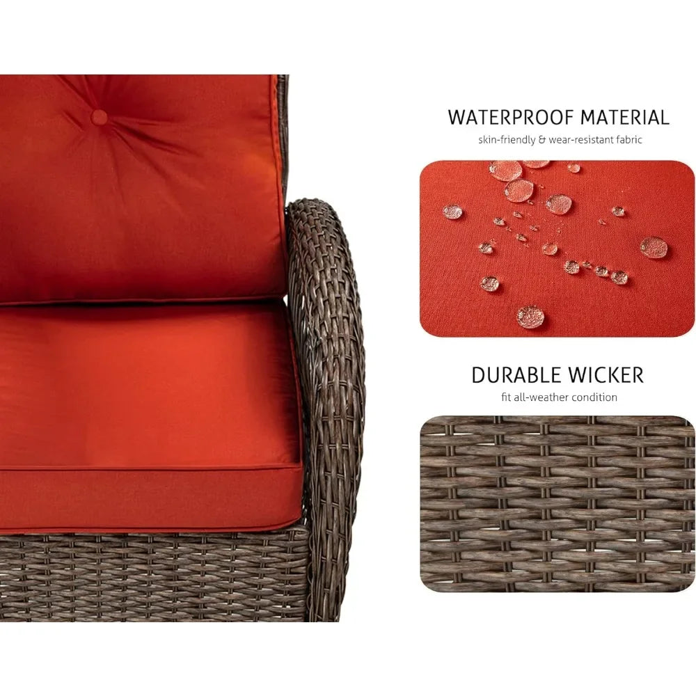 Glider 3 pc Wicker Set with Thick Cushioned Chairs & Wavy Glass Table Top, 360° Swivel Chairs That Rock Forward & Backward