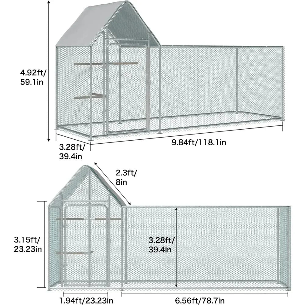 PVC Coated Metal Wire Fence Enclosure for Chickens with Waterproof Cover, Walk in Poultry Cage with Chicken Run House