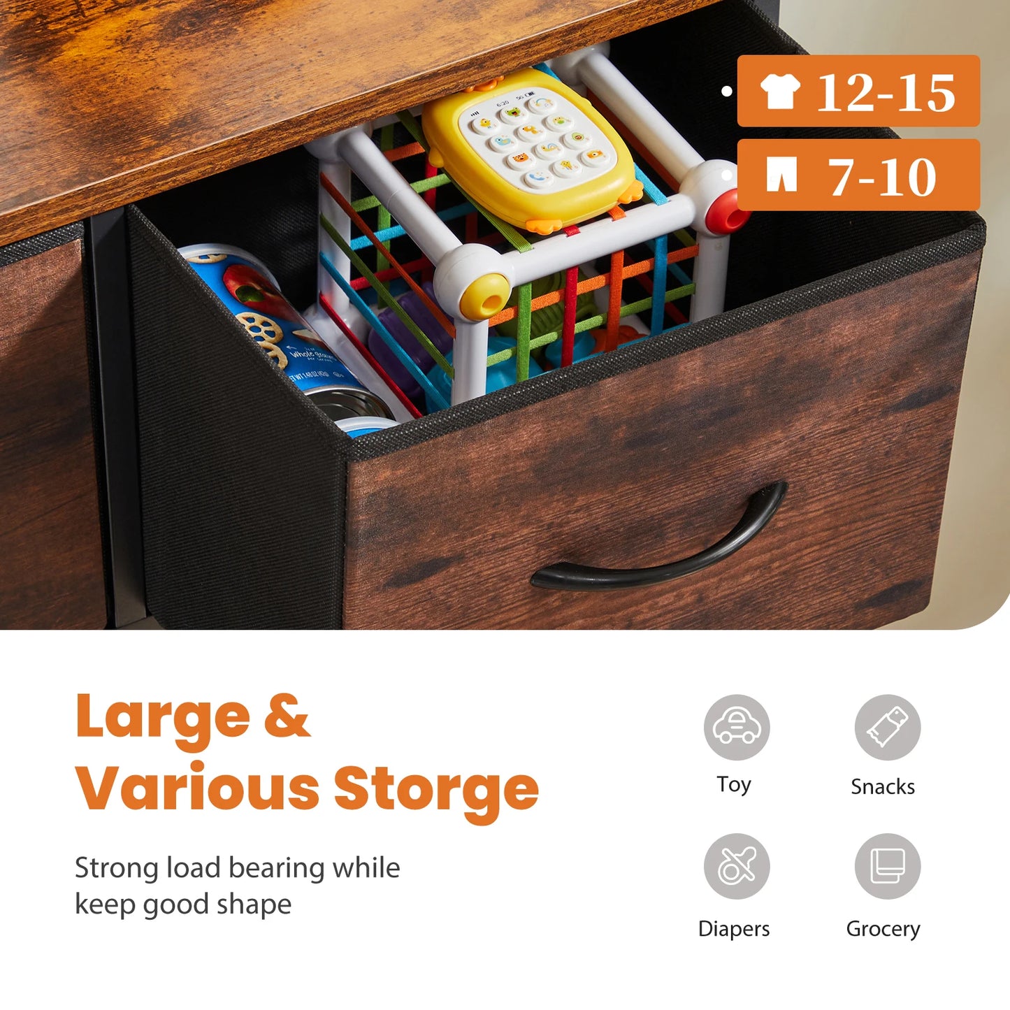 Dresser For Bedroom with Steel Frame & 9 Fabric Drawers, Clothes or Children's Toy Storage