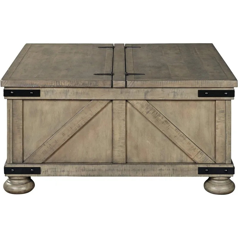 Farmhouse Square Coffee Table with Hidden Storage under 2 Side-Hinged  Lift Tops, Weathered-Look with Metal Accents