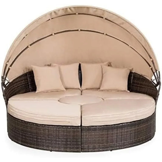 Outdoor Terrace Canopy Bed with Retractable Canopy & Washable Thick Cushions, Clamshell Shaped Segmented Seats