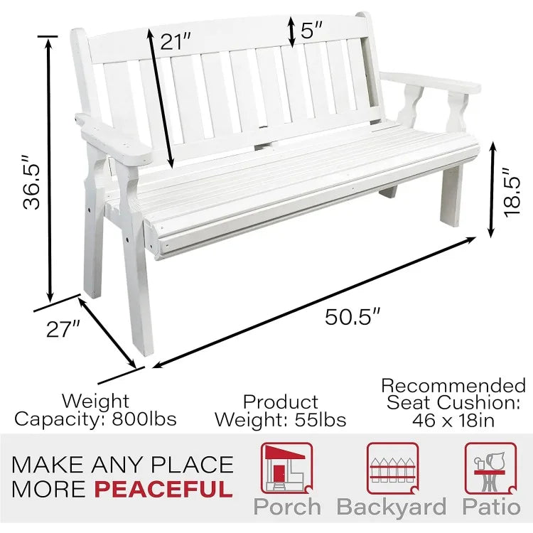 Heavy Duty 4' Roll Back Outdoor Bench in White Stain, Kiln-Dried Pressure Treated Pine for Outdoor Durability