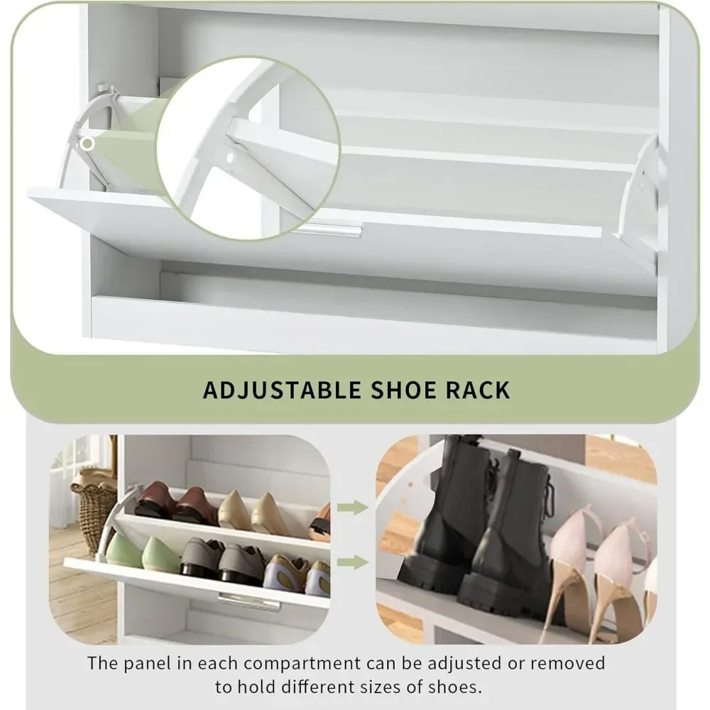 Hidden Shoe Storage Cabinet with 2 Flip Drawers, 1 Pull-Out Accessories Drawer, Tempered Glass Top & Adjustable or Removable Flip Drawer Panels