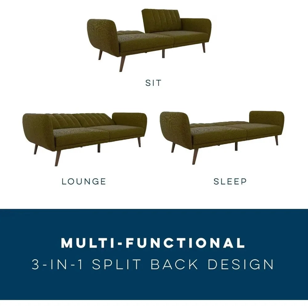 Multi-Functional 3-in-1 Split Back Design Sofa for Sitting, Lounging or Sleeping with Concealed Folding Legs, Channel Tufted Back & Curved Arms