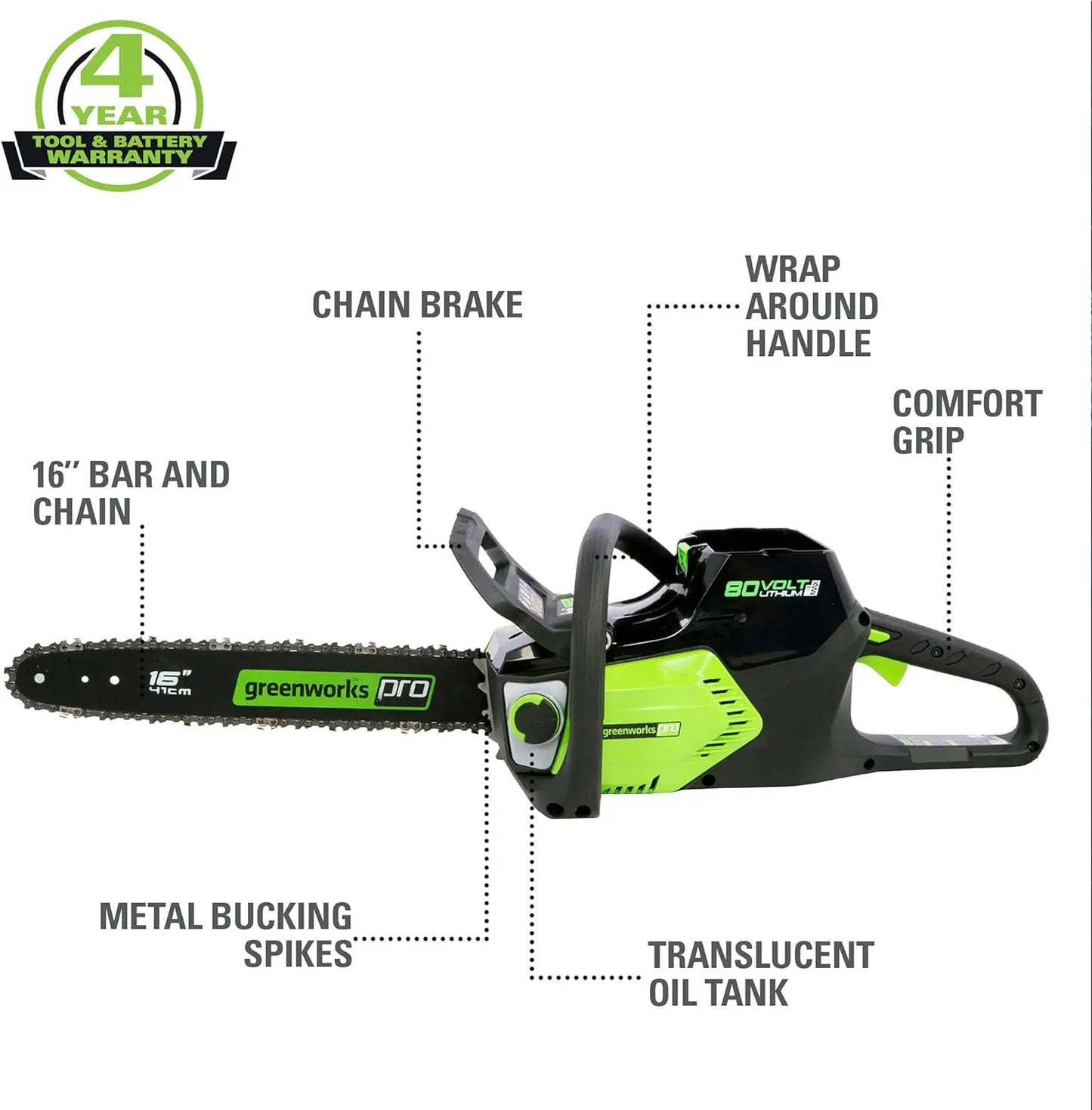 Cordless Chainsaw 16" 80V, Battery & Charger Included