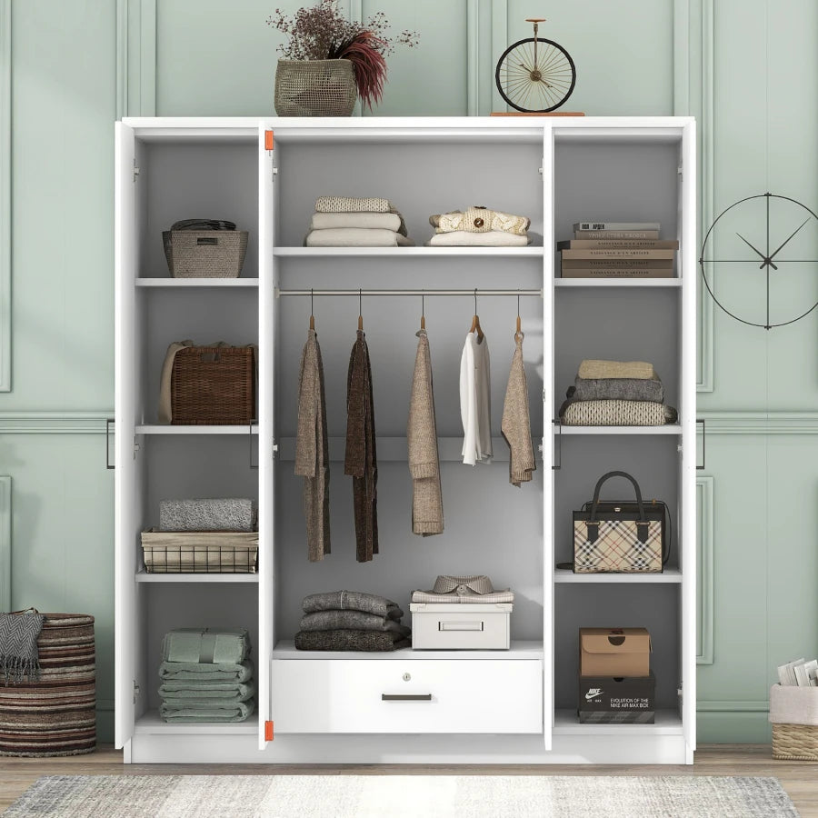 Wardrobe Cabinet Closet with 3 Doors, 2 Storage Drawers, Shelves & Hanging Rail for Clothes