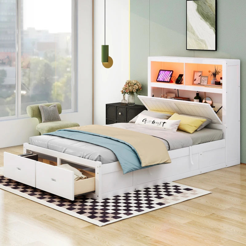 Full Size Lift-Arm Platform Bed with Storage, LED Headboard with Charging Station, 2 Shelves & Storage Cabinet