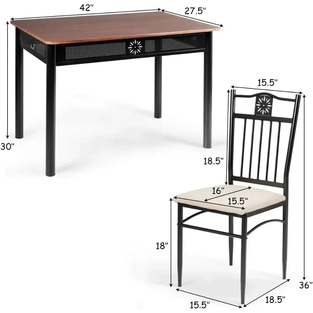 5-Piece Dining Table & Chair Set with Vintage Wood Finish Table Top, Metal Frame & Upholstered Seat Chairs