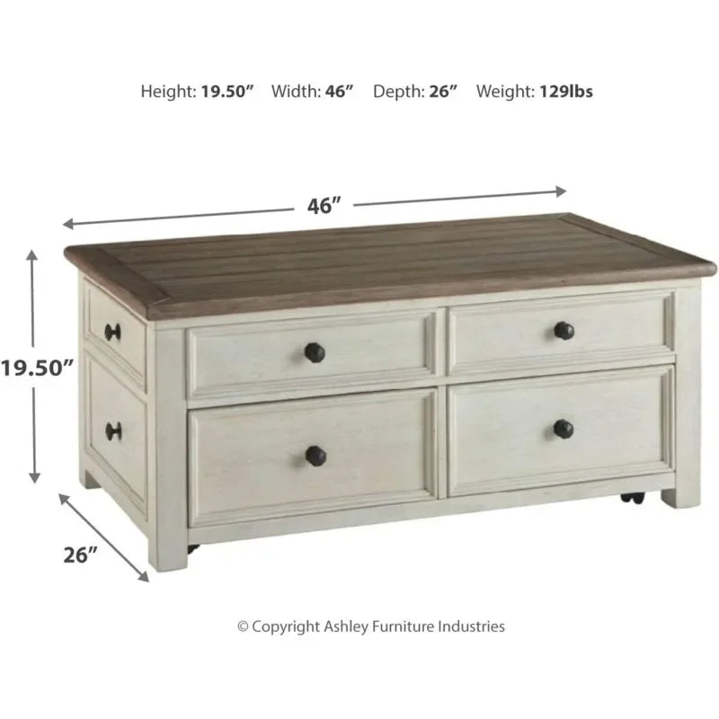 Farmhouse Spring Lift Top Coffee Table with Hidden Storage Area, 4 Smooth Gliding Drawers & Casters