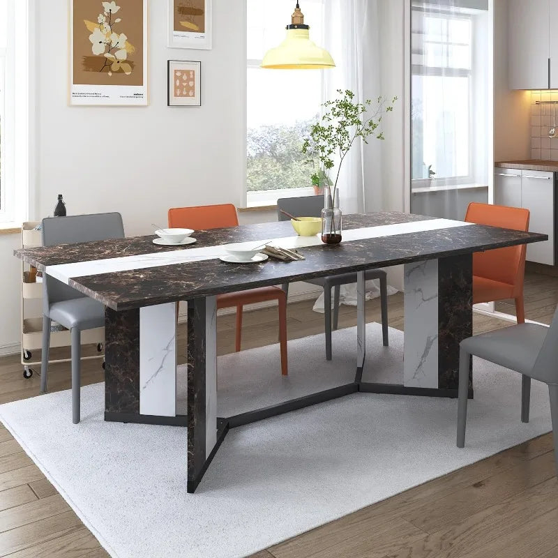 Rectangular 71" Dining Table for 4-8 People with Marble-Like Texture Tabletop, Adjustable V-Shaped Legs & Reinforced Crossbars for Stability