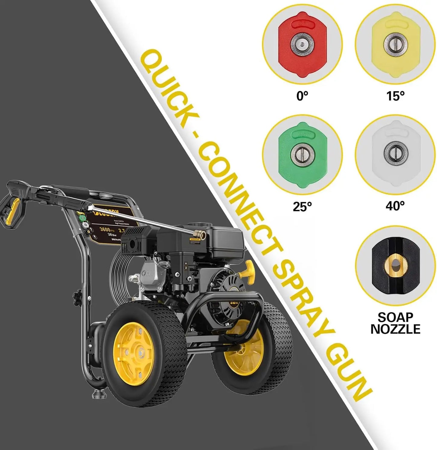 212 cc Gas Engine Pressure Washer 3600 PSI, 2.7 GPM, 30' Pressure Hose with Wand, 5 Quick-Connect Nozzles & 1-Gallon Soap Tank