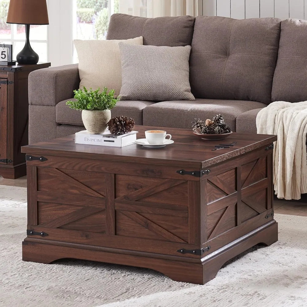 Square Wooden Table with Hidden Storage Compartment Under the Dual Liftable Tabletop Sections, Classic Barn Door Pattern Design