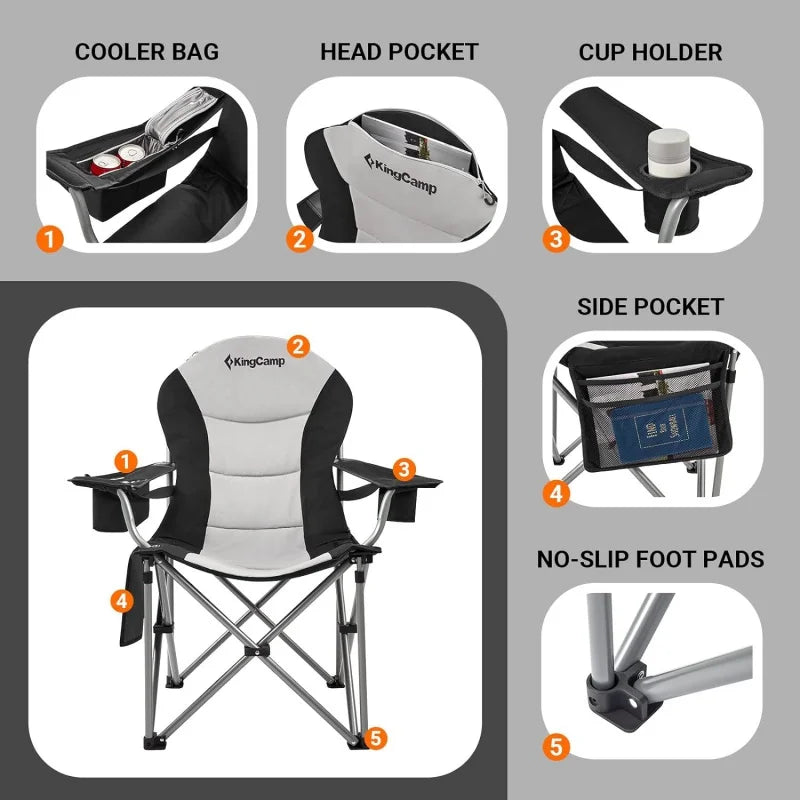 Lumbar Support Foldable Camping Chair with Adjustable Armrest & 4 Storage Pockets, 2pcs