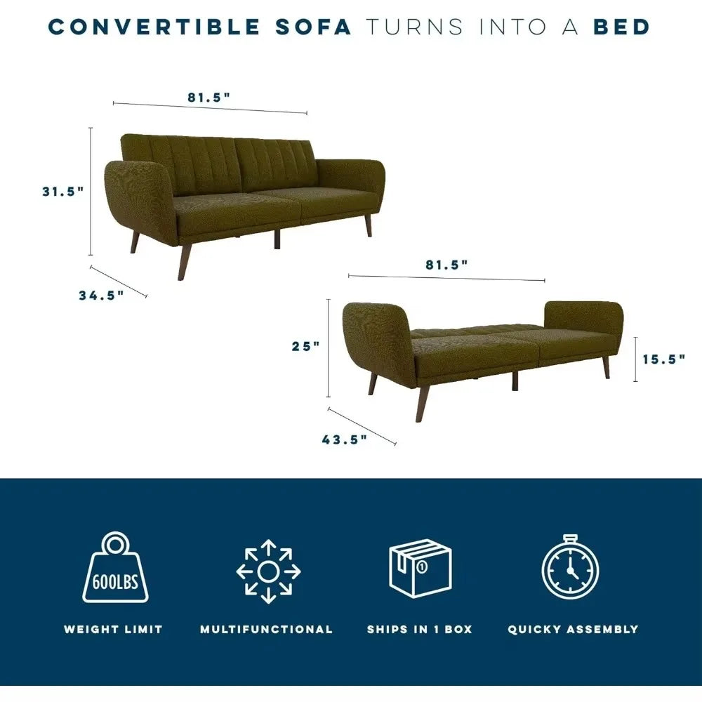 Multi-Functional 3-in-1 Split Back Design Sofa for Sitting, Lounging or Sleeping with Concealed Folding Legs, Channel Tufted Back & Curved Arms