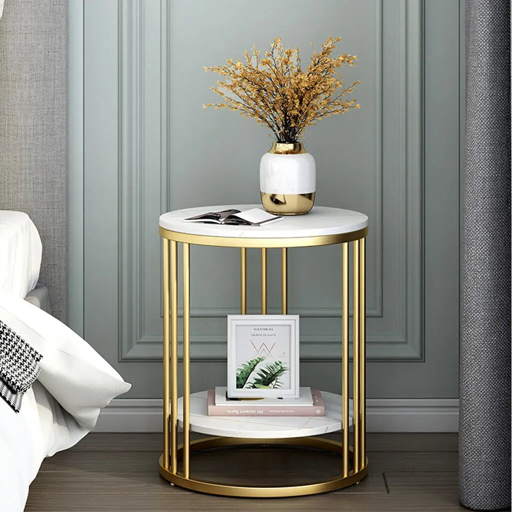 Round 2-Layer White Sintered Stone End Table with Golden Metal Frame, Small Round Coffee Table