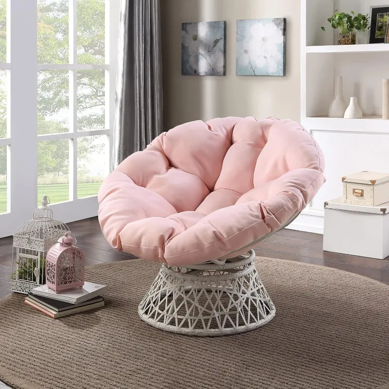 Cream-Framed Resin Wicker Lounge Chair with 360° Swivel & Fluffy Pink Tufted Cushion