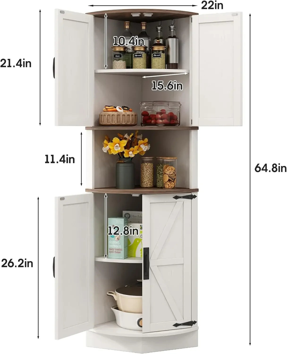 Space Saver Corner Cabinet with Right-Angle Design, 2 Enclosed Cupboards with 4 Barn Style Doors & Open Storage Shelf