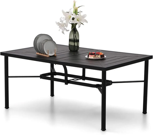 Large Metal Rectangular Weather-Resistant Dining Table with Umbrella Hole, Anti-Rust Electro Coated Steel Frame & Leg Connector Design