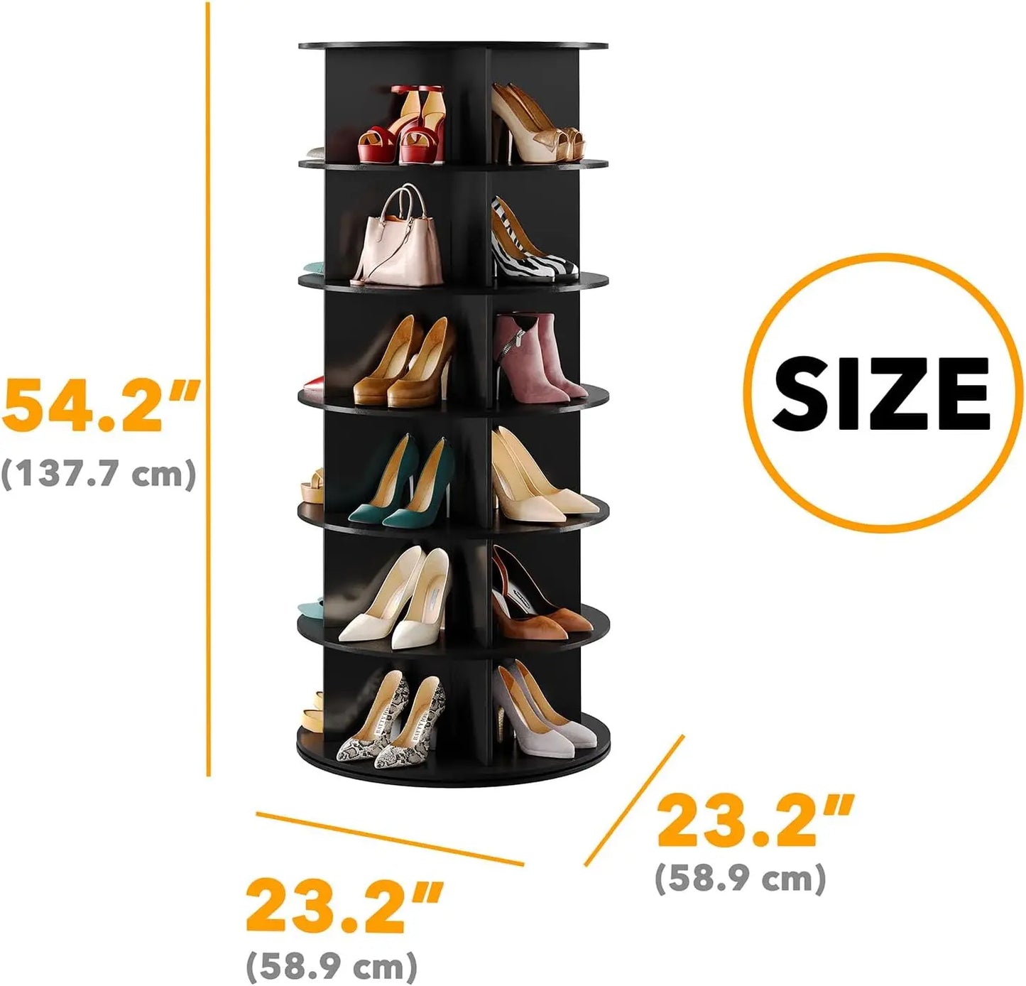 Rotating Shoe Organizer Tower 6-Tier, Space-Saving Vertical Handbag Display, Living Room Spinning Display Case