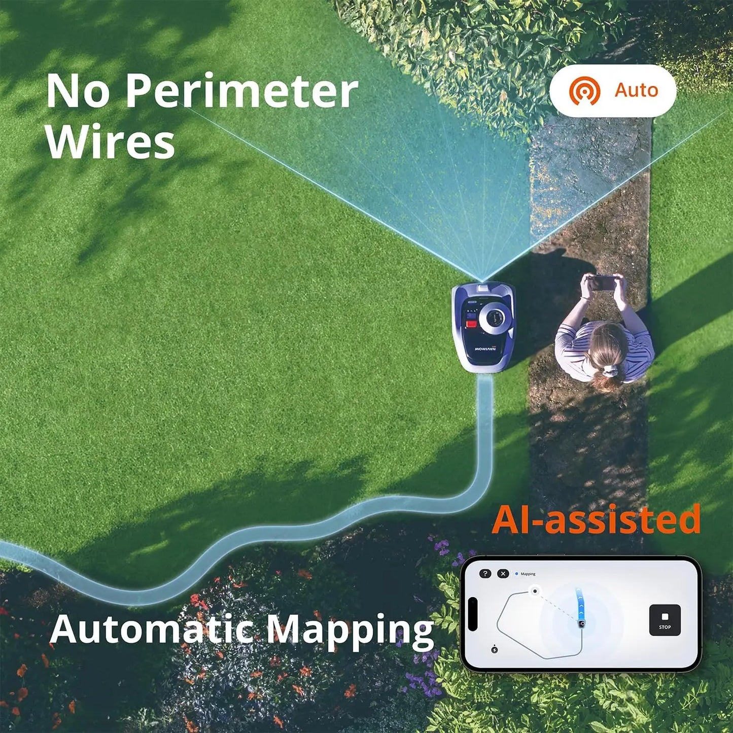 Robot Lawn Mower Perimeter, RTK+Vision, AI-Assisted Mapping, Mows up to 1/8 Acre