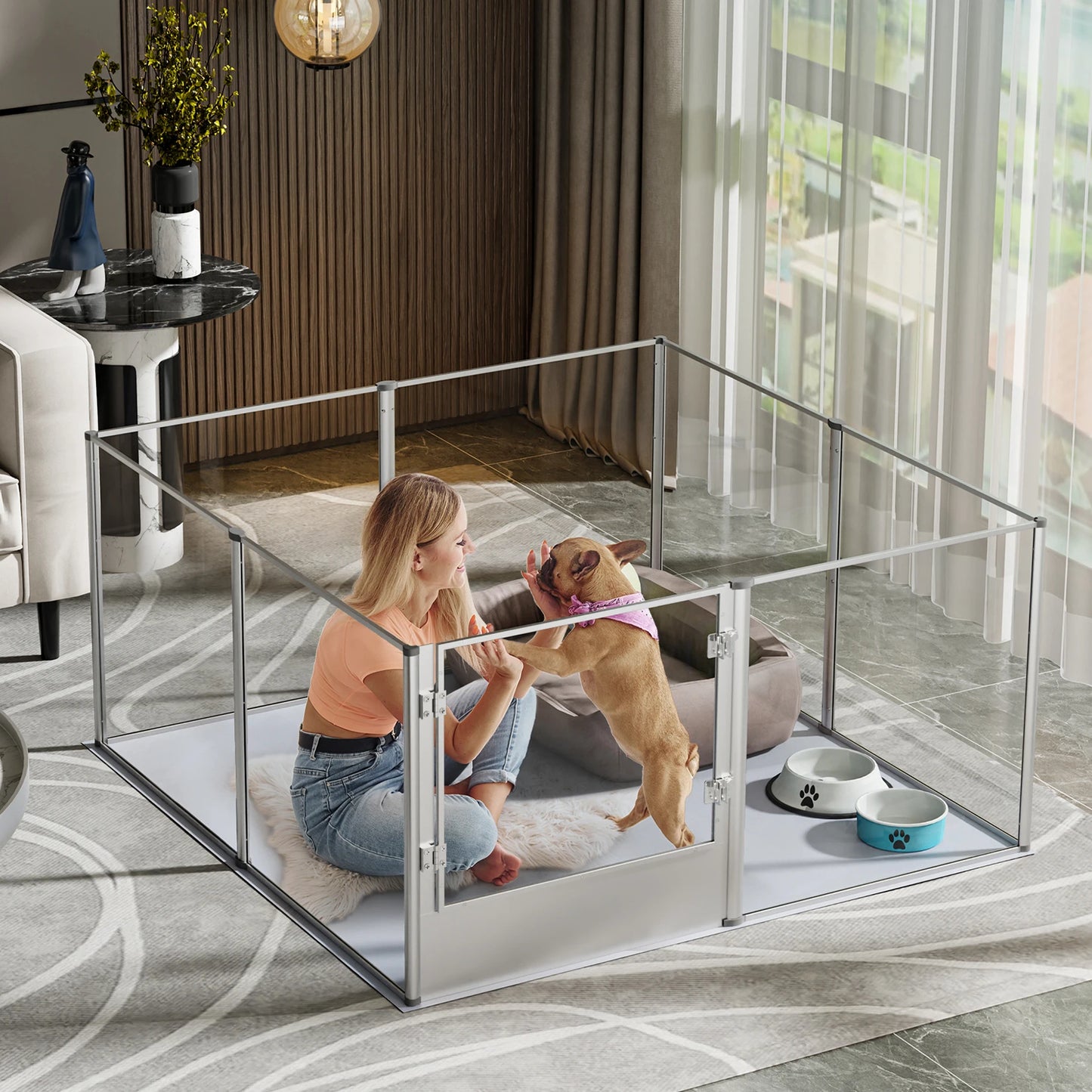 Dog Playpen Fence with Waterproof Fertility Pad for Cats or Dogs, Aviation Aluminum Frame with Clear Acrylic Walls & Latch Lock Door