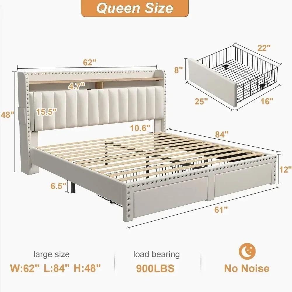 Queen Size Bed Frame with 2 Roll Out Drawers, Upholstered Headboard & Storage, No Box Spring Needed