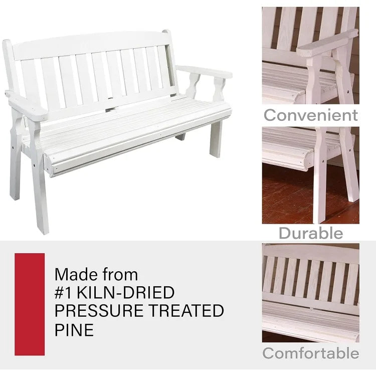 Heavy Duty 4' Roll Back Outdoor Bench in White Stain, Kiln-Dried Pressure Treated Pine for Outdoor Durability