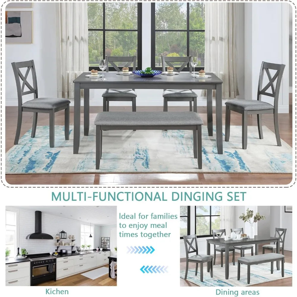 Dining Furniture 6-Piece Set with 4 Upholstered Chairs, 1 Kitchen Table & 1 Upholstered Bench, Multi-Functional Dining Set